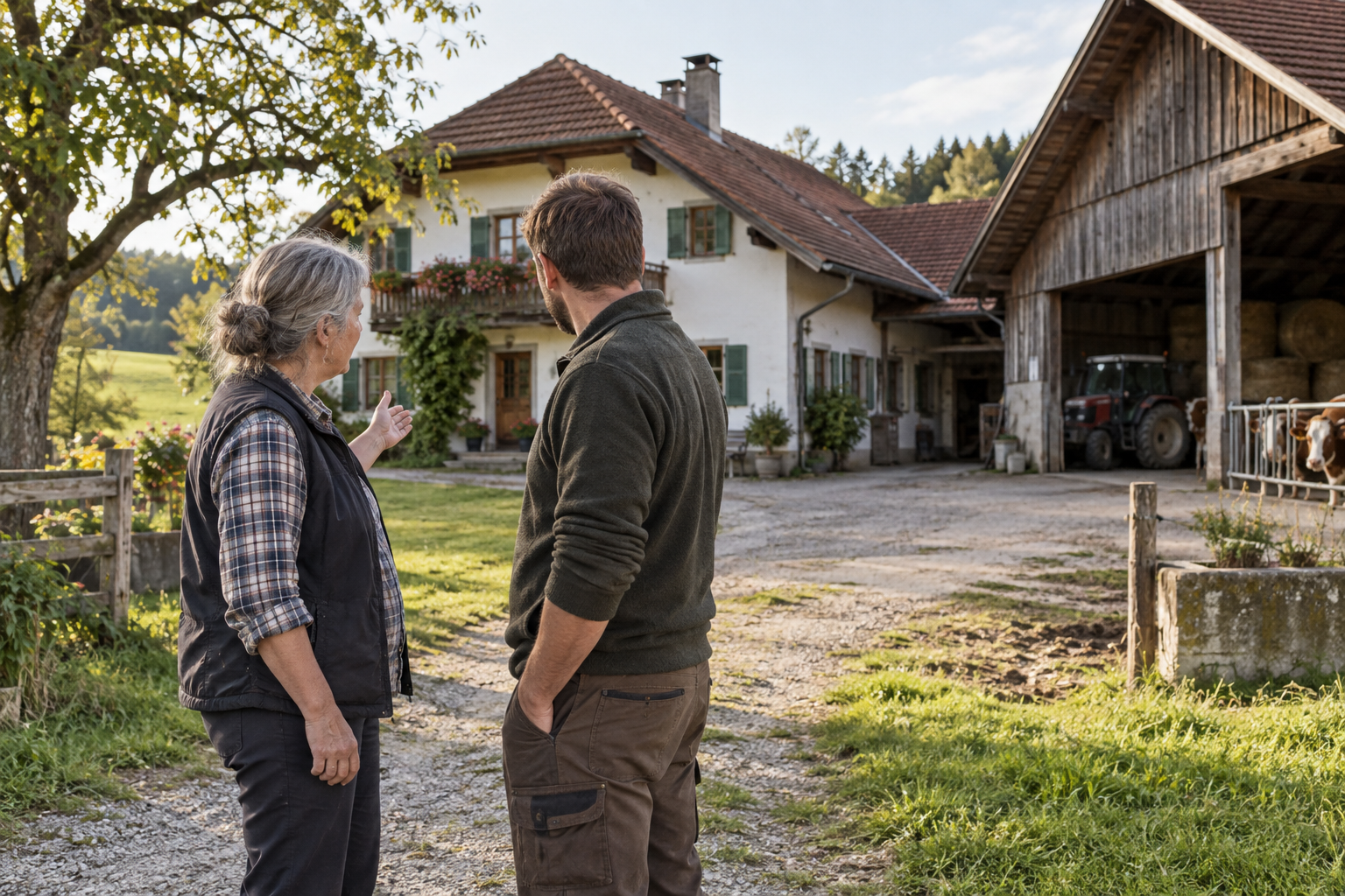 Hofeigentümerin und Gesprächspartner vor Wohnhaus und Wirtschaftsgebäude